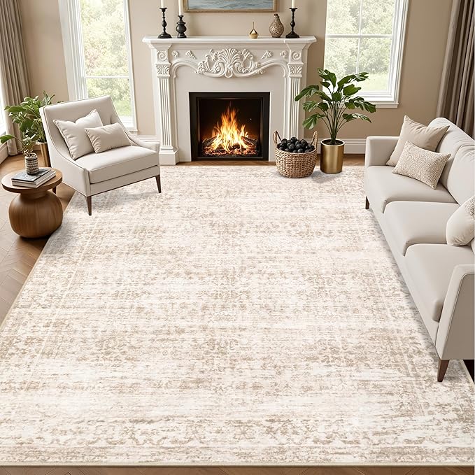 10x12 Area Rugs Living Room: Washable Rug for Bedroom Beige Brown | Vintage No Slip Stain Resistant Rug Soft Indoor Decor Floor Floral Area Rugs for Dining Room, Nursery, Hallway, Home Office