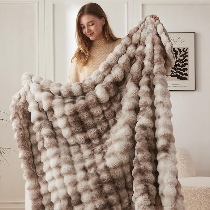 COOVA Faux Fur Throw Blanket for Couch, Cozy Soft and Fuzzy Plush Rabbit Fur Bubble Blanket for Sofa Bedroom Living Room, 60x80 Inches Tie Dye Brown