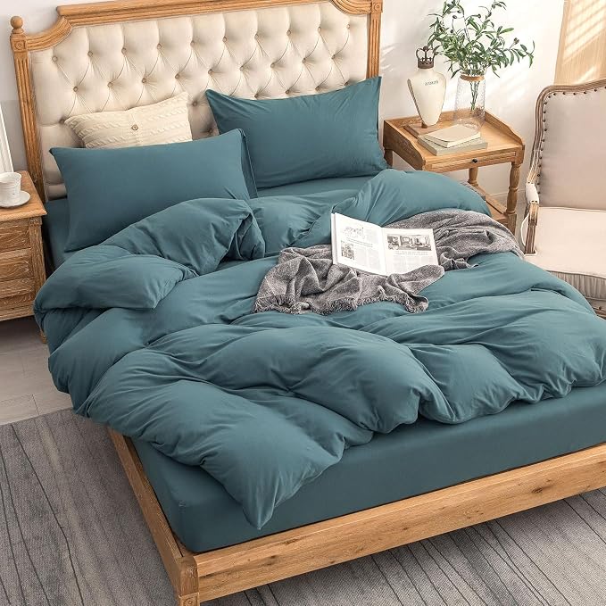 PURE ERA Jersey Knit Sheet Set Solid Cerulean Blue California King | 100% Cotton, 3 Piece Set, T Shirt Soft, Breathable, Envelope Closure Pillowcases, Hidden Zipper, 8 Ties, No Insert, Modern
