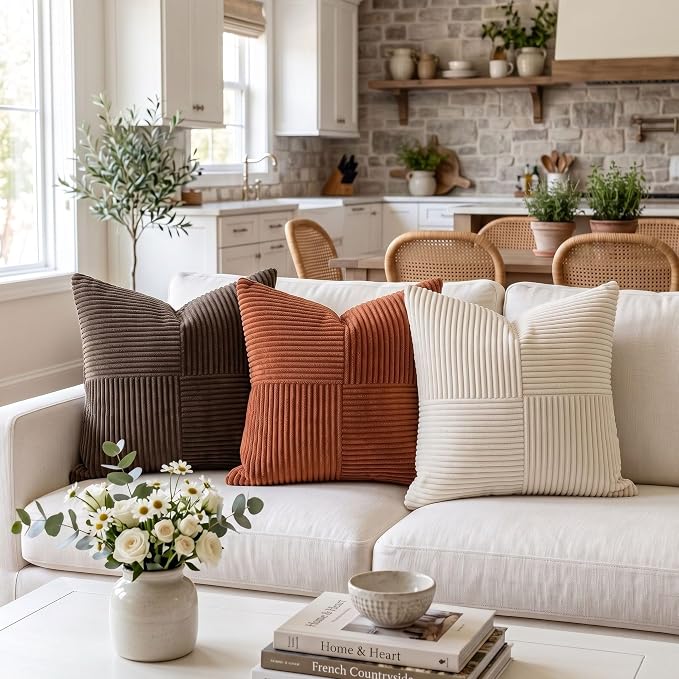 Fancy Homi 2 Packs Rust Euro Decorative Throw Pillow Covers 28x28 Inch for Bedroom Bed, Farmhouse Boho Home Decor, Soft Corss Corduroy Patchwork Textured Square Terracotta Cushion Case 71x71 cm