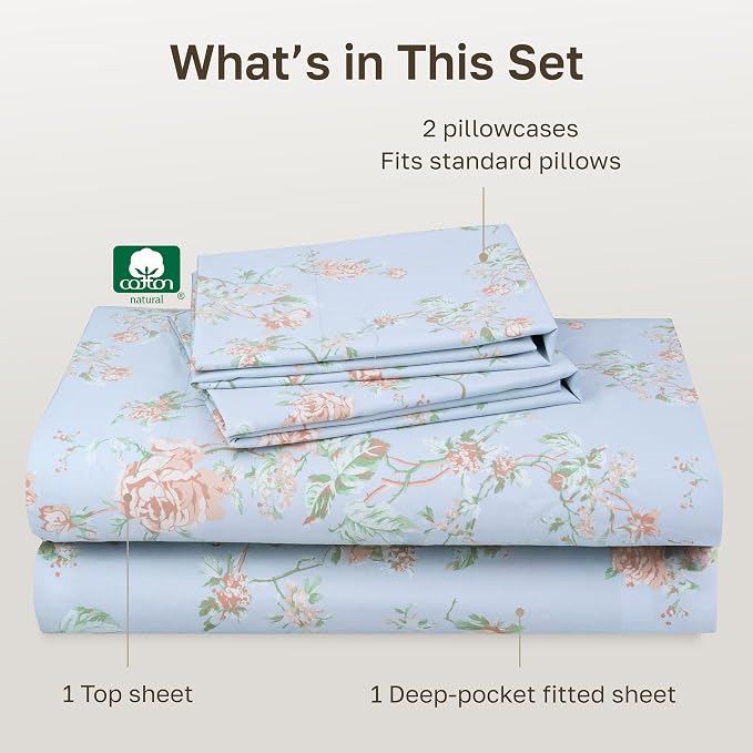 California Design Den Soft 100% Cotton Sateen Queen Size Bedsheets,4 Pc Set | 400 Thread Count Backed by Good Housekeeping Seal, 16" Deep Pocket, All-Around Elastic, Durable - Floral Blue/Pink Print