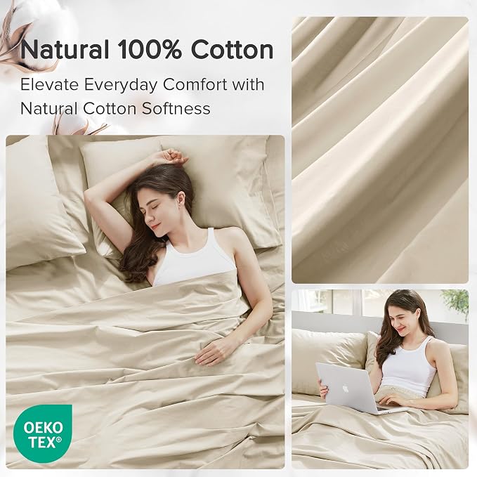Comfort Spaces 100% Cotton Percale Sheets Queen Sheet Set 4 Pcs, Cream | Crisp, Cool & Breathable Bed Sheets, 14" Deep Pocket Fits Up to 16" Mattress, Lightweight, All Season Cozy, with Pillow Case