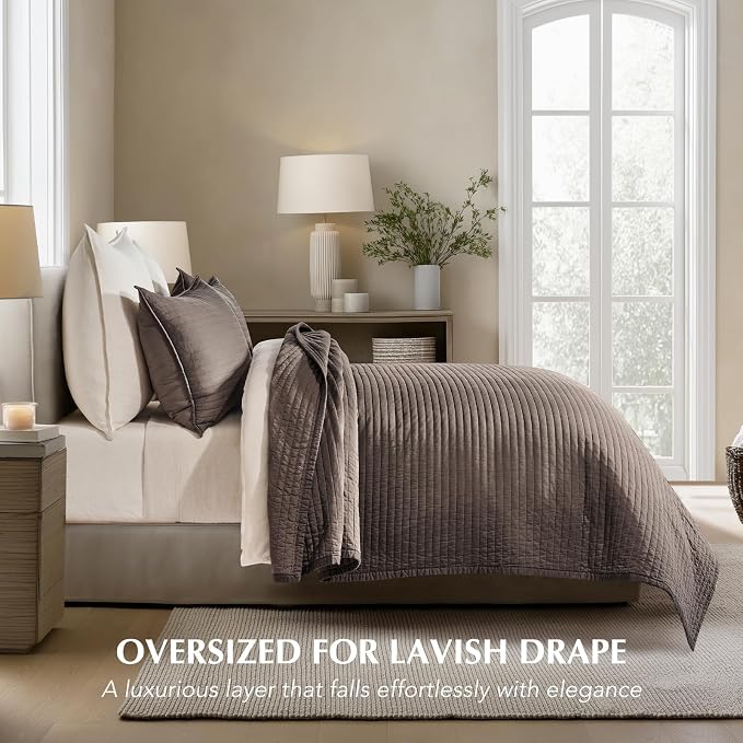 EVERGRACEHOME Cotton Sateen Quilt Set, Oversized Cal King, Mocha Brown | 100% Cotton, Channel Stitch Coverlet Bedspread, Pre-Washed Lightweight Soft Bedding Set for All Season, 3 Piece, with 2 Shams