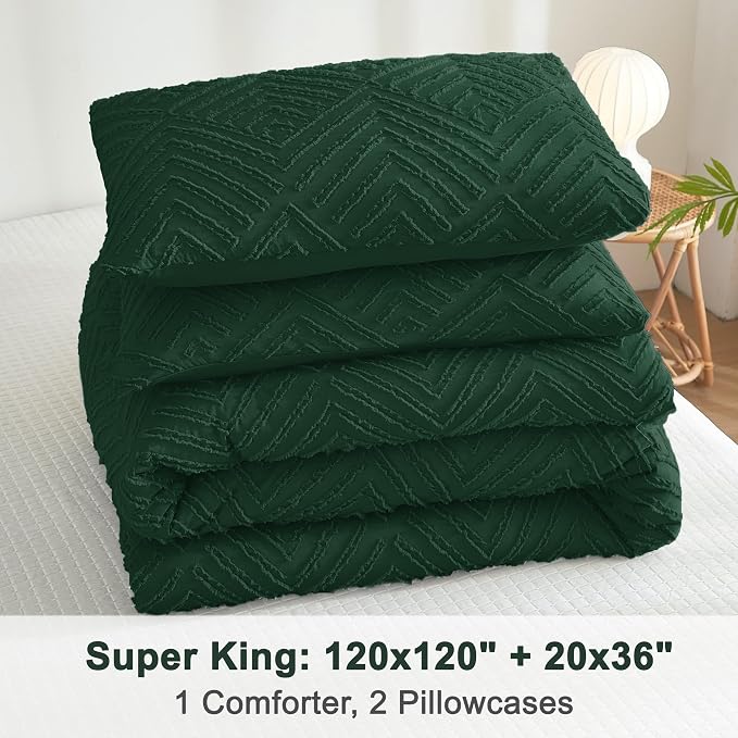 Litanika Super King Size Comforter Set, 3 Pcs Tufted Boho Bedding Set | Emerald Green Farmhouse Shabby Chic Vintage Bohemian Textured Aesthetic Soft Fluffy Lightweight Breathable All Season Bed Set