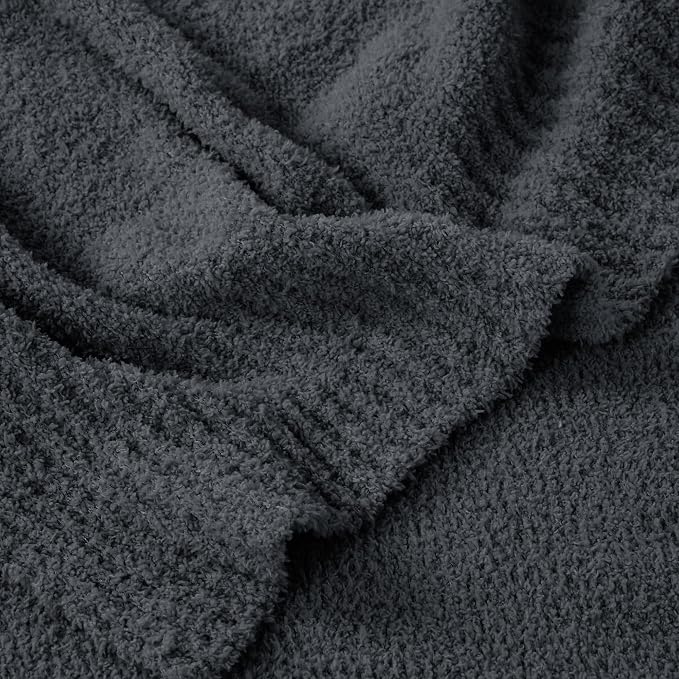JOOJA Dark Grey Black Fuzzy Knitted Blanket, Soft Lightweight Plush Queen Size Blanket for Bed, Cozy Nights, Charcoal Grey, 90x90