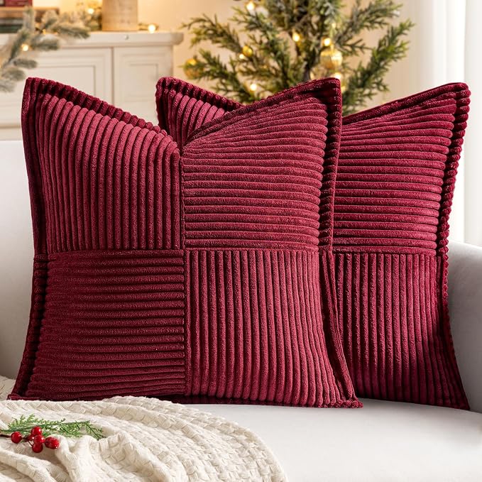 MIULEE Decorative Euro Sham Throw Pillow Covers 24x24 Inch Burgundy 2 Pack | Boho Broadside Striped Patchwork Pillow Covers, Soft Corduroy Cushion Cases, For Bed Sofa Couch Livingroom Home Decor