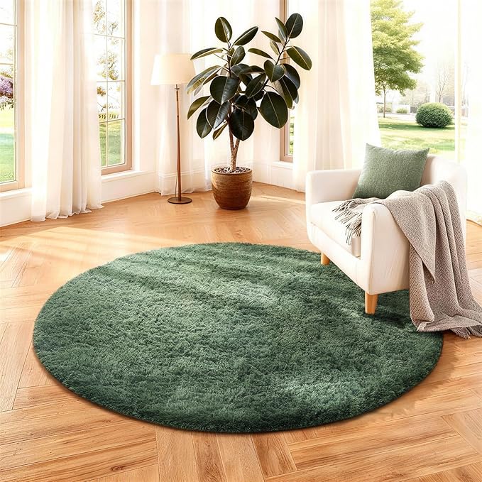 Ophanie Round Rug 4Ft Grey Green Circle Area Rug, Grayish Green Room Decor, Fluffy Fuzzy Bedroom Carpet, Plush Soft Shaggy Living Room Rugs for Kids Home Aesthetic, Nursery with 99 pcs Pile fibers