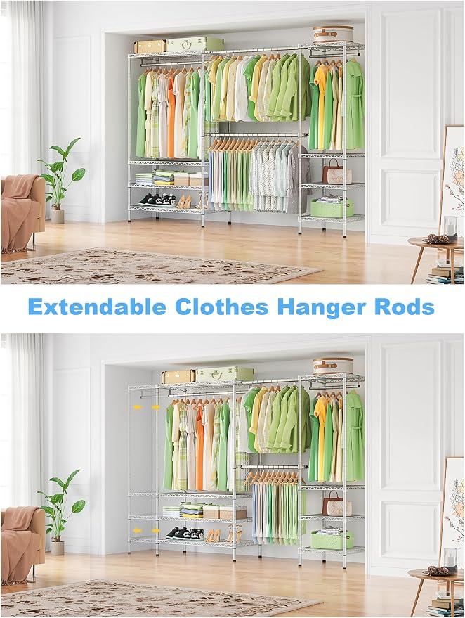 Ulif E11 Heavy-Duty Garment Rack, Metal Clothes Rack, Load 1034lbs, Chrome | Freestanding Expandable Closet Storage Organizer System with 8 Shelves and 4 Hanger Rods, (73.2-97.6)"W x 14.5"D x 71.2"H