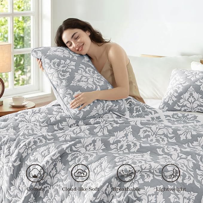 Exclusivo Mezcla Cotton Quilts King Size Grey | Soft Lightweight Bedspread, Breathable Prewashed Yarn Dyed Muslin, All Season Bedding Set, Boho Coverlet With 2 Pillow Shams