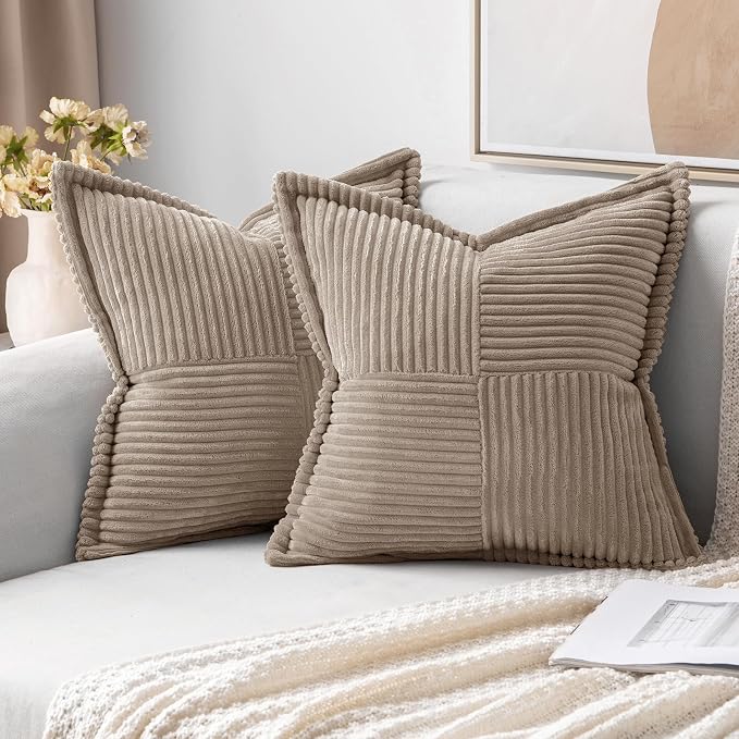 MIULEE Decorative Throw Pillow Covers for Couch 20x20 Inch Light Brown | 2 Pack, Boho Broadside Striped Patchwork Pillow Covers, Soft Corduroy Cushion Cases, For Sofa Bed Livingroom Home Decor