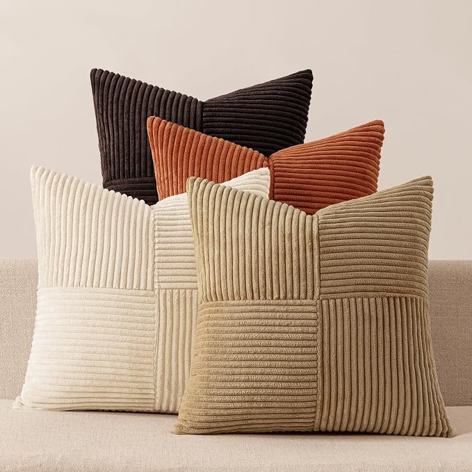 MIULEE Brown Beige Throw Pillow Covers 18x18 Inch Set of 4 Boho Farmhouse Cushion Cases for Livingroom Couch Bed Soft Corduroy Pillow Cases with Invisible Zipper Home Decor
