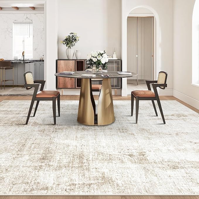 9x12 Area Rugs Washable Rug: Abstract Neutral Rugs Modern Non Slip Area Rug Stain Resistant Low Pile Indoor Carpet for Dining Room Bedroom Nursery Office (Beige, 9'x12')