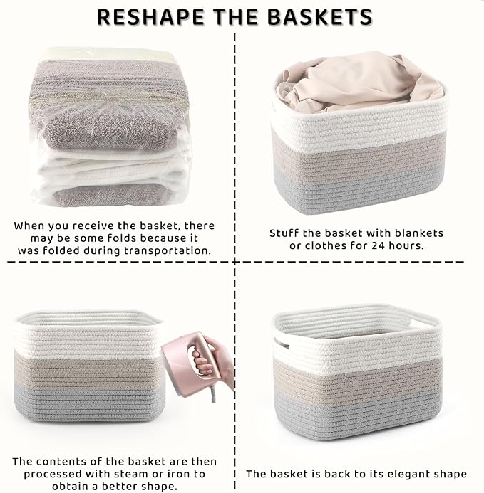 4 Pack Storage Baskets for Organizing, 11''Lx9''Wx8''H Woven Baskets for Storage Toys, Towels, Books, and Clothes, Cotton Rope Basket for Shelves with Handle