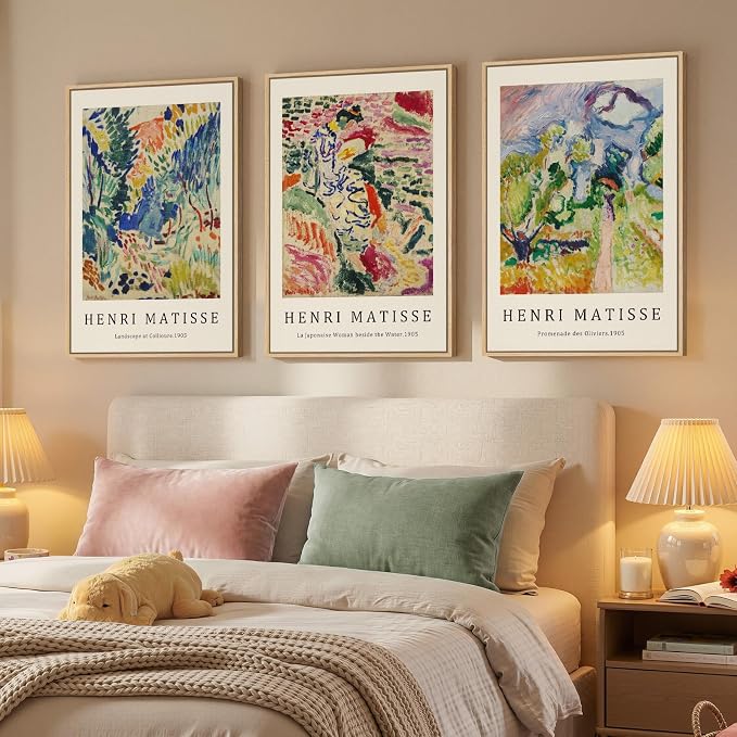 Large Framed Colorful Matisse Canvas Wall Art for Living Room, Set of 3 | Abstract landscape, Retro vintage, Fine art prints, 30x60 inch, Bedroom, Hallway, Home office decor