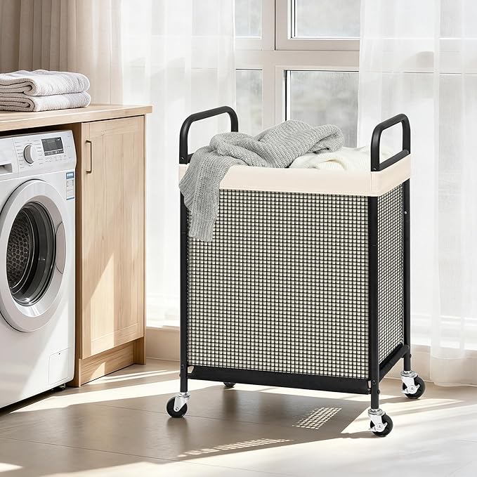 STORAGE MANIAC Rolling Laundry Hamper with Wheels 1-Section Laundry Sorter Rolling Laundrys Basket on Wheels with Removable Bag Clothes Hamper Laundrys Organizer Cart Bathroom Bedroom 90L Beige