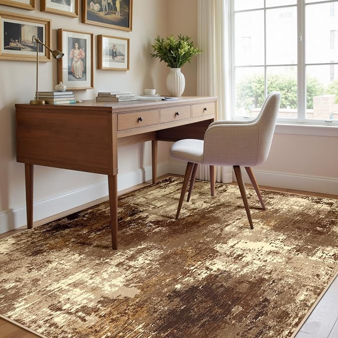RELEANY Washable 4'x6' Abstract Area Rug for Living Room Brown Tan | Carpet for Bedroom, Kitchen, Office, Hallway and Entryway, Printed Pattern, Non‑Slip, Soft, Stain‑Resistant, Easy to Clean