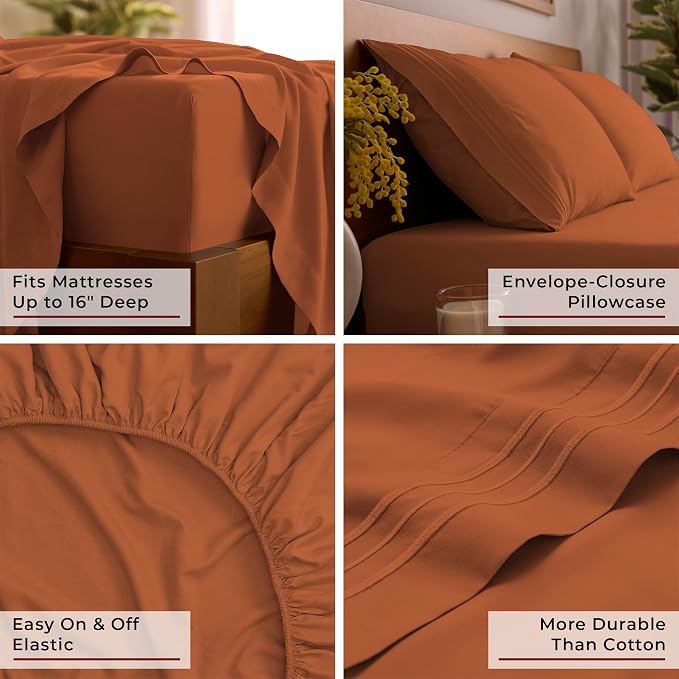 Mellanni Iconic 3-Piece, Ultra Soft Sheet Set (Twin, Terracotta) | 10M+ Sleepers. Lab-tested: Sleeps Cool, Stays Bright, Strong, Smooth. Good Housekeeping Best Bedding, 7 yrs running.