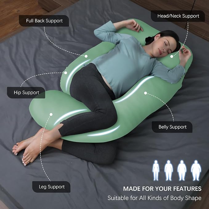 MOON PARK Pregnancy Pillows for Sleeping - U Shaped Full Body Maternity Pillow with Removable Cover - Support for Back, Legs, Belly, Hips - 57 Inch - Green - Cooling Cover