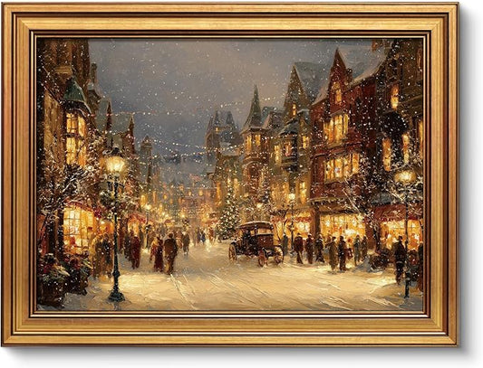 VIYYIEA Vintage Gold Framed Wall Art for Living Room, Christmas Canvas Prints Home Decor, Oil Painting Picture, Bedroom Wall Decor Gifts for Friends or Family -【A Warm Snowy Night】-(16L x 12W)