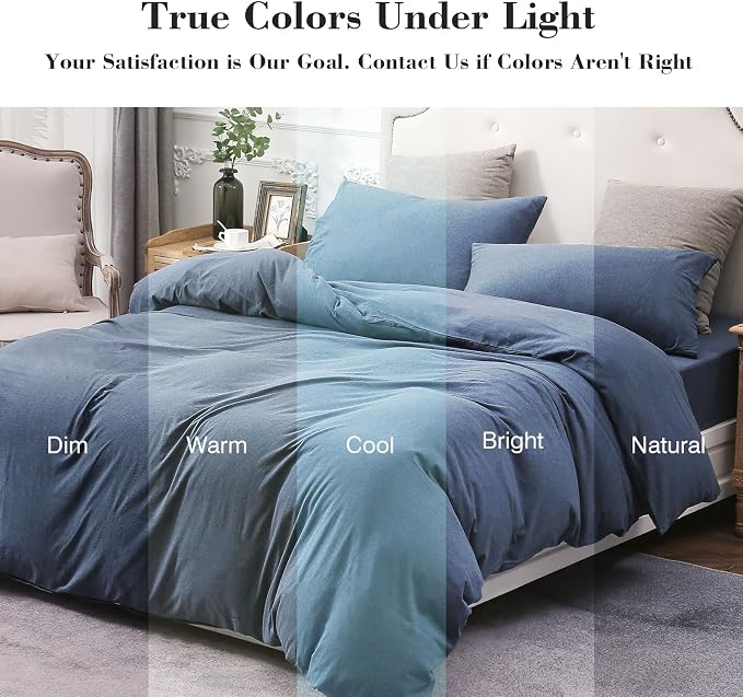 PURE ERA Jersey Knit Sheet Set Heather Navy Blue Queen | 100% Cotton, 3 Piece Set, T Shirt Soft, Breathable, Envelope Closure Pillowcases, Hidden Zipper, 8 Ties, No Insert, Modern