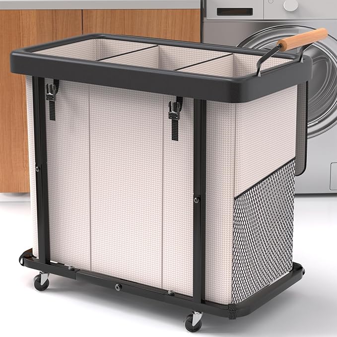 Laundry Hamper 3 Section,230L Rolling Dirty Clothes Hamper White | Laundry Basket with Wheels & Lid,Laundry Organizer Storage Cart with Metal Frame and Wooden Handle for Laundry Room, Hotel