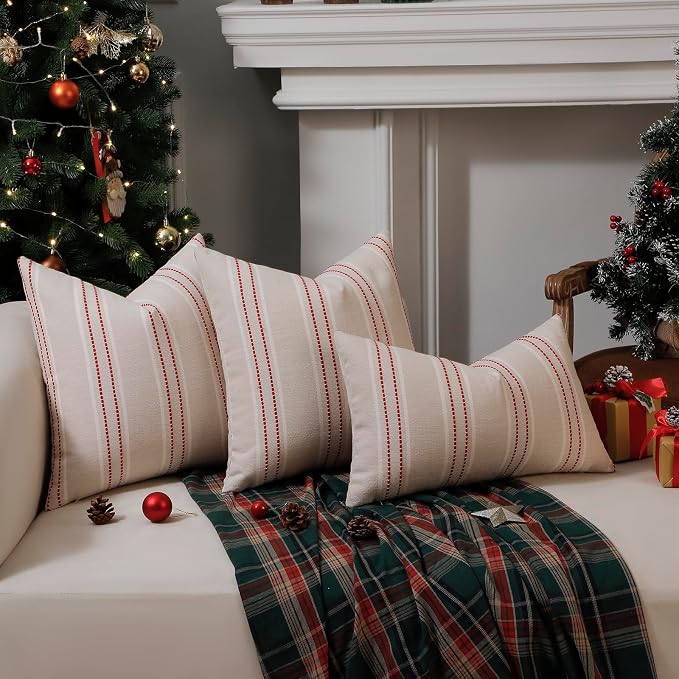 Hckot Christmas Pillow Covers 16x16 Set of 2 Winter Decorative Pillows Red | Xmas Decorations Throw Pillow Covers Striped Linen Square Cushion Covers for Sofa Couch Bed Living Room(Red)