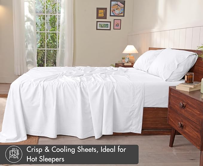 RUVANTI 100% Cotton Percale Sheets California King, Bright White | Crisp Cooling for Hot Sleepers, Deep Pocket 14", Soft Breathable & Durable, Hotel-Style 4 Piece Set