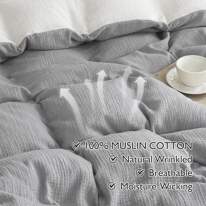 EMME Cotton Muslin Duvet Cover Set King Size Linen Like Soft Breathable Lightweight Summer Comforter Cover Set with Zipper Closure (Light Grey&White, King, 104"x90")