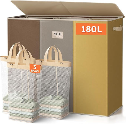 SOLEDI 180L 3-Section Laundry Hamper with Lid, Extra Large Dirty Clothes Basket with Sturdy Handles for Laundry Room & Bedroom - Durable Organizer for Sorting Laundry