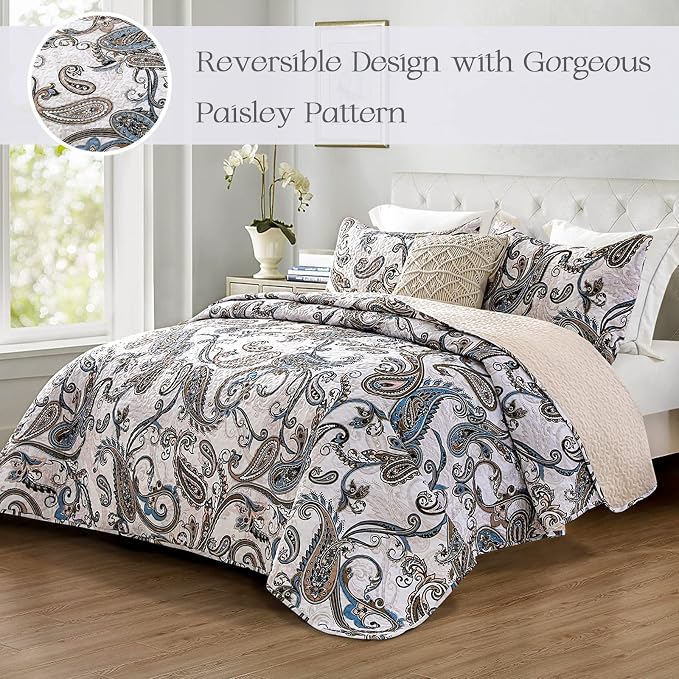 Whale Flotilla Patchwork Quilt King Size, Extra Soft Boho Paisley Bedspread | Reversible Lightweight King Quilt Bedding Set for Bed, Bone Grey Printed Coverlets with 2 Pillow Shams for All Seasons