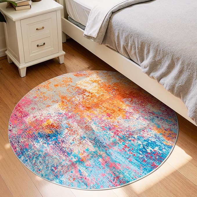Rugflix Round Area Rugs 4Ft for Living Room, Washable Colorful Circle Rug | Machine Washable; Stain-Resistant; Low Pile; Non-Slip; Modern Abstract; Carpet for Bedroom Dining Office Nursery Home