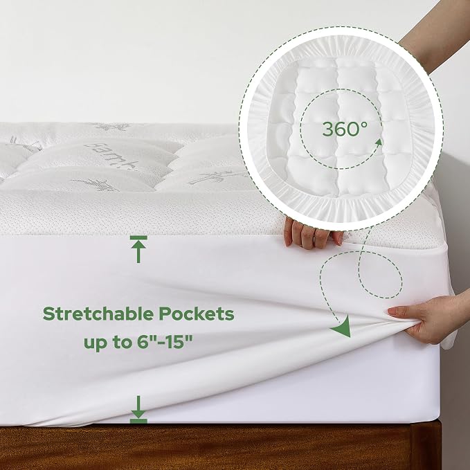 BEDLORE Twin XL Mattress Topper Viscose Bamboo, Pillow Top Mattress Pad | Deep Pockets Fit 6”-15” Mattress, Soft Breathable Thick Dorm-Size Mattress Topper for Students and Hot Sleepers(White)