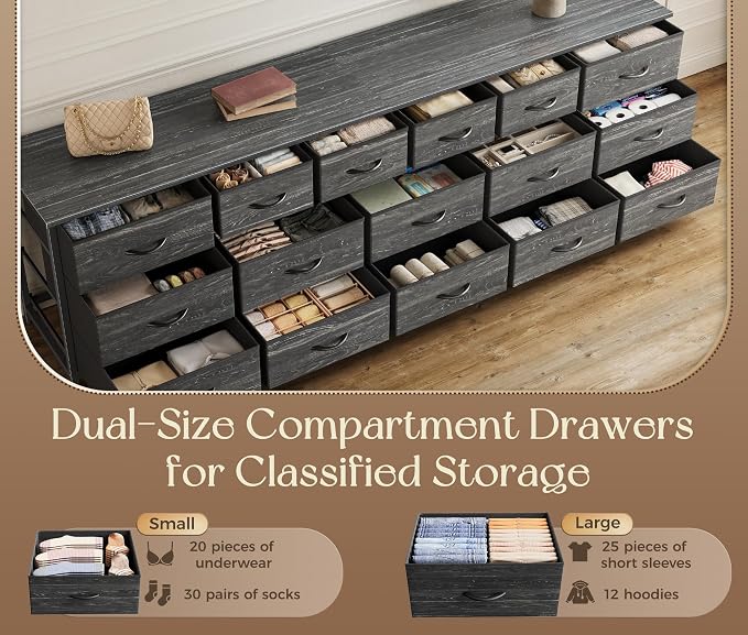 Huuger 77.6" Long Dresser for Bedroom, 16 Drawer Fabric Dresser for Closet, Wide Chest of Drawers with Storage, TV Stand for 65, 75, 85 Inch TV, 77.6" W x 13" D x 26.4" H, Charcoal Black