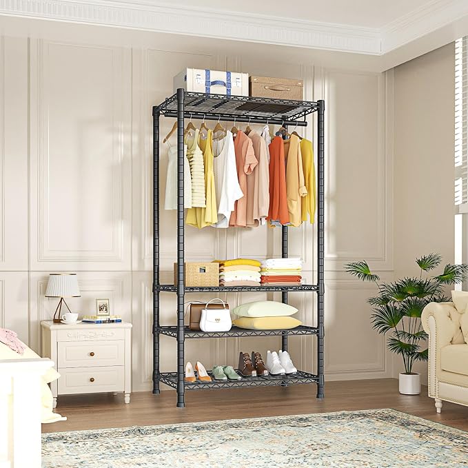 Ulif H2 Heavy Duty Clothes Rack, Freestanding 4 Tiers Garment Rack for Hanging Clothes with Shelves and Hangers, Closet Organizers and Storage Metal Closet Wardrobe System, Max Load 500 LBS, Black | Metal Closet System for Hanging Clothes with Shelves ...