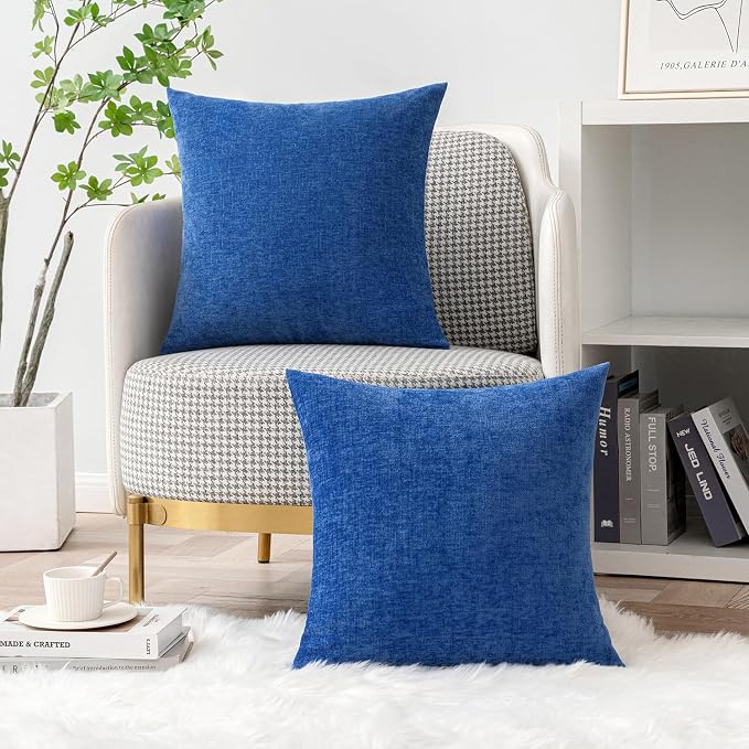 MIULEE Soft Chenille Throw Pillow Covers Royal Blue 18x18 Inch Pack of 2 | Modern Home Decor, Classic Decorative Pillows, Solid Dyed Cases, Boho Couch Cushion Covers for Sofa Bed Living Room