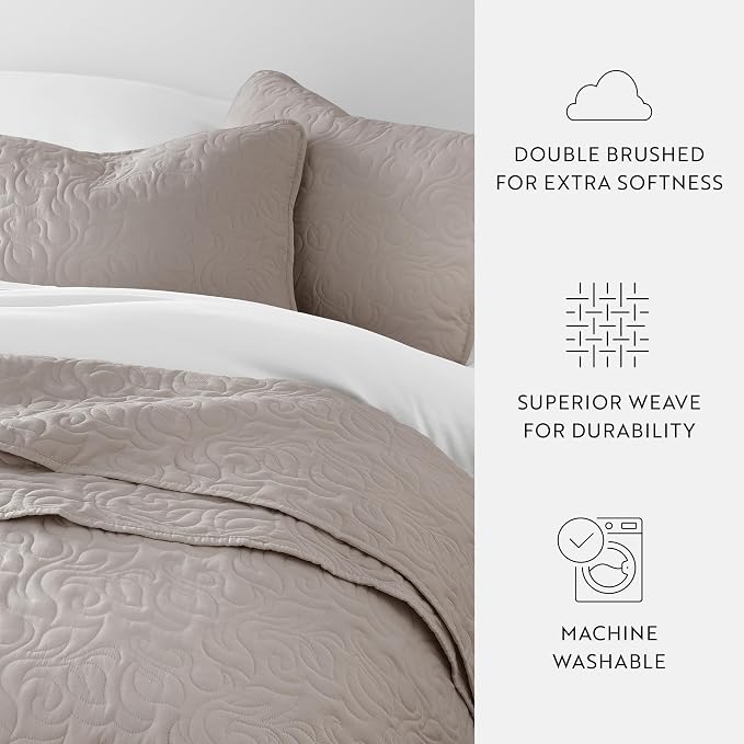 Merit Linens Modern Quilt Coverlet Soft Set in Floral Stitching - Twin/TwinXL Latte