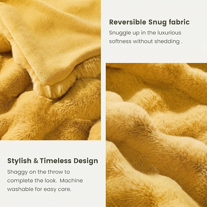 Cozy Bliss Faux Fur Throw Blanket for Couch, Fuzzy Soft Plush Thick Bubble Blanket for Sofa Bedroom Living Room, 60 * 80 Inches Yellow