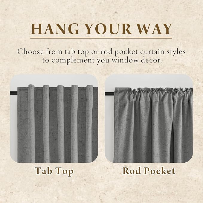RYB HOME Grey Linen Blackout Curtains for Sliding Glass Door, 100% Blackout Linen Textured Thermal Privacy Modern Drape Panels for Dining Room Large Window, 52" W x 108" L, 2 Panels Set