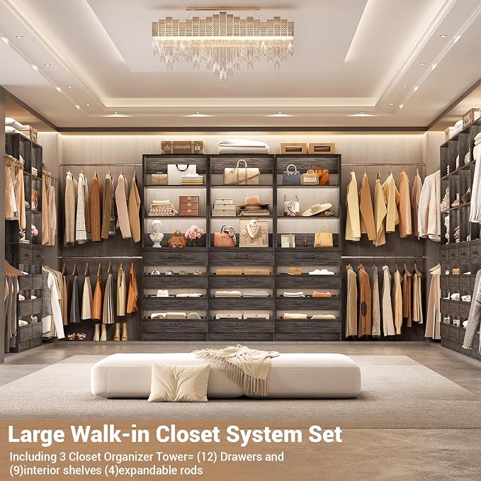 Aheaplus Closet System with 12 Drawers, 8.5-11.5Ft Wood Closet Organizer | Black Oak Closet Storage with 4 Hanging Rods & 3 Towers, 4Ft & 6Ft L-Shaped Walk-in Closets Wardrobe Organizer, Set of 3