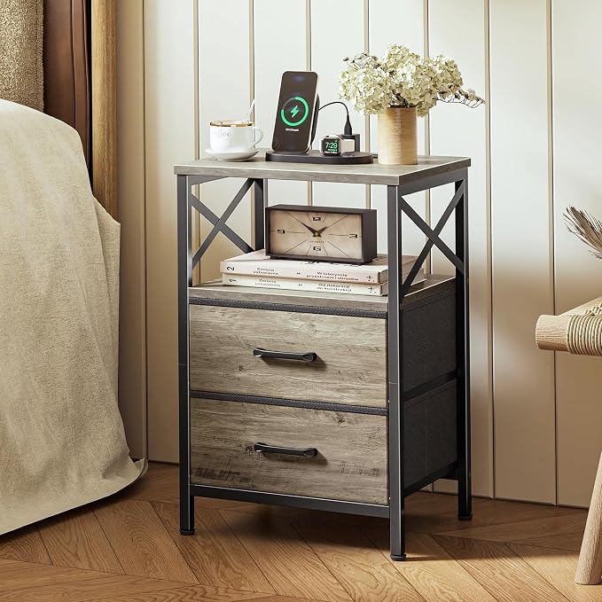 Huuger Nightstand Set of 2 with Charging Station, USB-C Port, End Tables | Night Stand with 2 Drawer Side Table with Open Shelf, Bedside Table for Small Spaces, X Shaped Side Rail, Oak