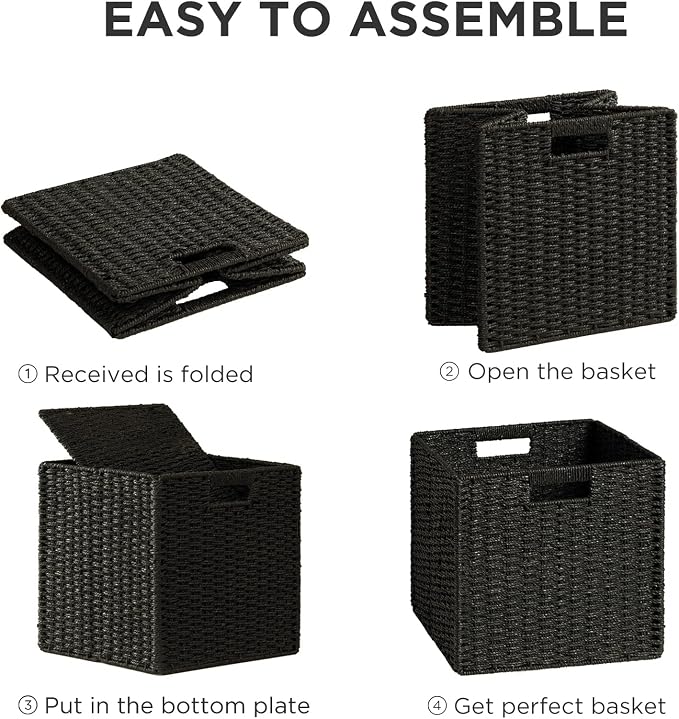 UBBCARE 3 Pack Wicker Basket, 11L×11H×10.5W inch Woven Paper Rope Storage Baskets for Shelves, Foldable Cube Storage bin with Handle, Storage Basket for Organizing & Decor, Black