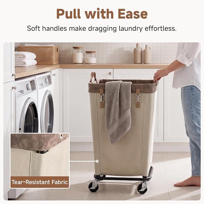 StorageWorks 110L Laundry Basket with Wheels, Rolling Hampers for Clothing | Light Kahki Laundry Rolling Cart with Handles for Bedroom, Bathroom, Dorm, Hotel