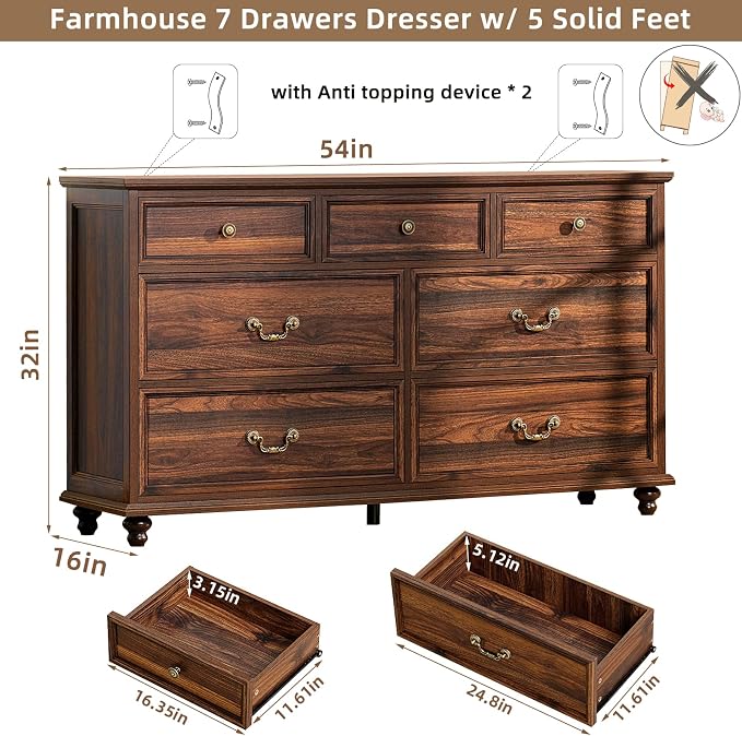 Joaxswe Farmhouse 54" 7 Drawers Dresser for Bedroom, Vintage Wood Chest of Drawers w/ 4 Wooden Legs, Wide Closet Storage Dressers Organizer for Hallway, Rustic Large TV Stand for Living Room, Brown