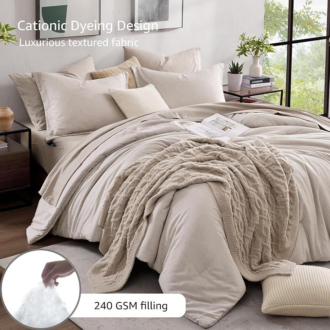 Monbix King Size Comforter Set 7 Pieces Oatmeal Beige Bed in a Bag | Cationic Dyeing Reversible All Season Bedding Sets with Comforter, Sheets, Pillowcases & Shams