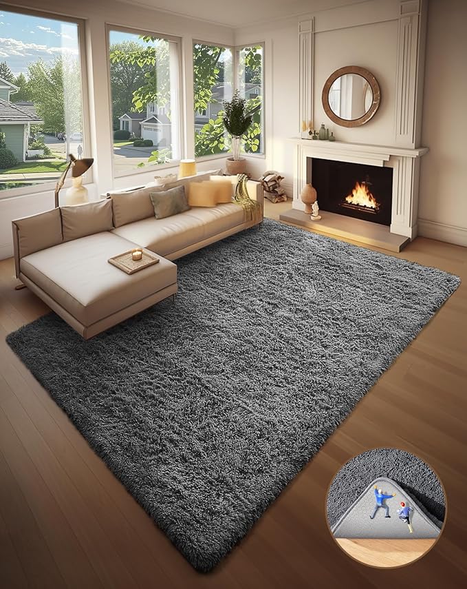 Ophanie 8x10 Area Rugs for Living Room,Upgrade Non-Slip Fluffy Soft Large Shag Bedroom Carpet,Deep Grey Big Indoor Thick Rug,Gray Carpets for Boy and Girls Room Decor with Over 99 pcs Pile fibers