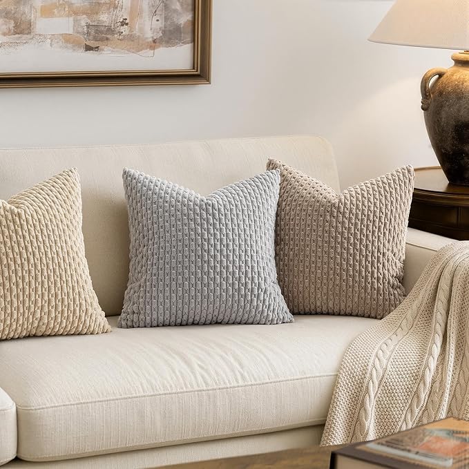 MIULEE Decorative Throw Pillow Covers 16x16 Light Grey Textured Corduroy | Pack of 2 Striped Pillow Covers Modern Farmhouse Home Decor for Couch Bed Sofa Living Room
