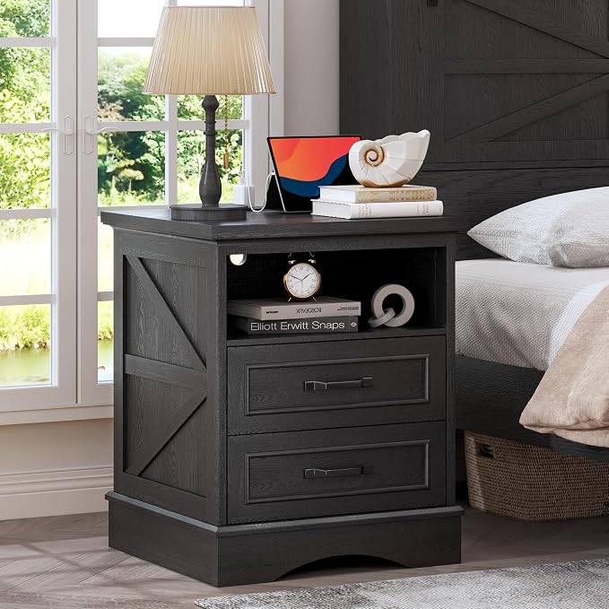 Fluest 24" Tall Farmhouse Nightstand, Night Stand with Fast Charging Station, Beside Tables with Drawers and Open Storage, Rustic End Tables for Bedroom, Antique Black