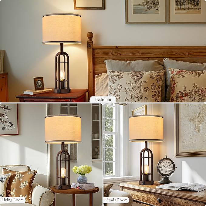 SRJJA Farmhouse Table Lamps for Living Room Bedroom Set of 2 - Rustic Industrial Bedside Lamps for Night Stands with USB A+C, 24" Vintage Nightstand Lamp with Night Light, Bulbs Included