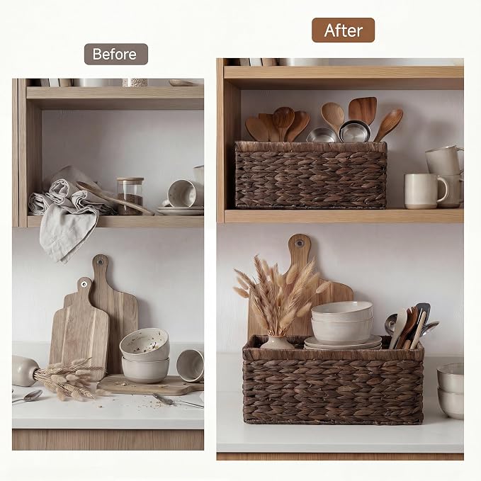 StorageWorks Large Wicker Baskets for Storage, Dark Brown Baskets, 2-Pack | Hyacinth Dark Brown Wicker Baskets with Handles, Wicker Storage Baskets for Organizing, Wicker Storage Baskets for Shelves