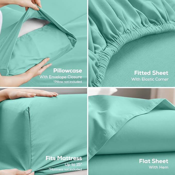 Full Sheets Set, 4 Pieces 16" Deep Pocket Hotel Luxury Bed Sheets, Spa Blue | Extra Soft Bedsheet Set, Comfy & Breathable Cooling Sheets, Wrinkle & Fade Resistant, Fitted Sheet, Flat Sheet, 2 Pillowcases